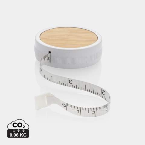 1.5m/60inch recycled plastic tape with return push button, for fitness and fashion. The case is made out of RCS certified recycled ABS plastic, fibreglass and FSC® 100% bamboo. Total recycled content: 64% based on total item weight. RCS certification ensures a completely certified supply chain of the recycled materials.  The tape is 8mm wide and retractable by button. Packed in FSC® mix packaging.<br /><br />TapeLengthMeters: 1.50