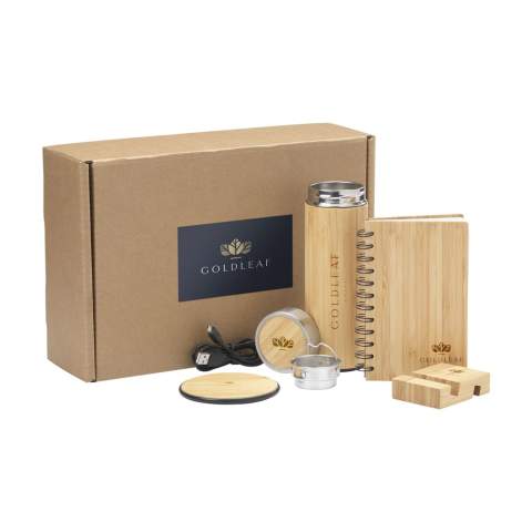 A gift set perfect for a number of different occasions. Whatever the celebration: welcoming a new colleague, giving an end-of-year gift, showing your appreciation to employees, or simply strengthening your business relationships, you will leave a lasting impression with this gift set. In this set you will find the following items: • W099 Notebook made from Stonewaste-Bamboo A6  • 6430 Supporto Bamboo • 5228 Osaka 360 ml • 6452 Bamboo 10W Wireless Charger.  Make this set even more special by printing a name, quote or logo on each individual product. These products are delivered as a set in a kraft gift box.