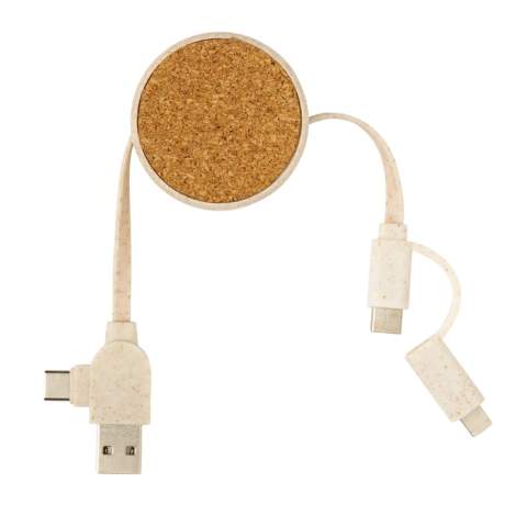 Uniek ontwerp intrekbare kabel waarmee u elk type item kunt opladen vanaf elk type USB-bron. Gemaakt van kurk en tarwestro (35%) gemengd met ABS en PVC-vrije TPE-kabel. Door de type C input is de kabel perfect voor nieuwere generatie telefoonladers en macbook computers die alleen type C output hebben. De kabel heeft ook een normale USB A-ingang. Uitgang: type C en dubbelzijdige connector voor IOS- en Android-apparaten. Max kabellengte: 100 cm. Artikel 100% PVC-vrij.<br /><br />PVC free: true