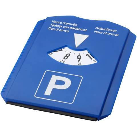 Parkeerschijf met ijskrabber, rubberwisser, winkelwagenmuntje en bandenprofielmeter. De schijf heeft aan de achterkant een grote, witte ruimte voor een logo. Begin parkeertijd-tekst op schijfhoes in het Nederlands, Engels, Frans, Duits en Italiaans. Regelgeving kan per land verschillen. In België is dit item niet rechtsgeldig.