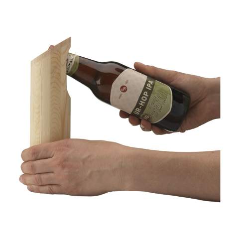 Rackpack bottle opener. Made from FSC 100% certified pine wood. The slim design fits comfortably in the hand. The natural solution for easy removal and collection of crown caps. Each item is supplied in an individual brown cardboard box.