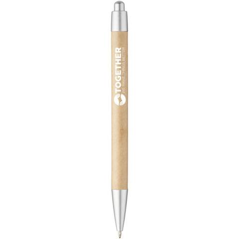 Eco friendly ballpoint pen with click action mechanism, with a barrel made of recycled paper, and silver sprayed ABS trims. Recycled paper colour may vary.