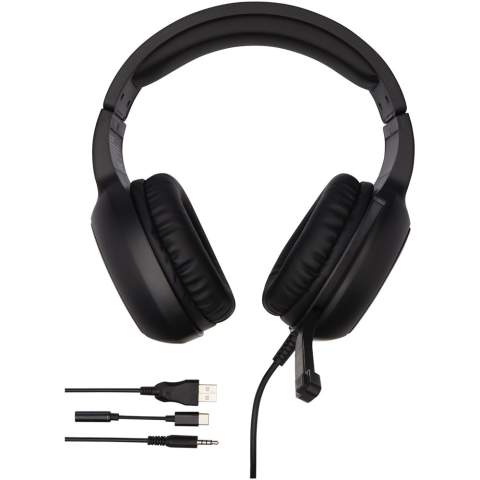 The Gleam gaming headphones delivers high-quality stereo sound with a premium built-in microphone. It includes 2 meters wired cable with a 3.5mm Aux tip and USB-A connector. The 3.5mm Aux input provides audio and microphone when connected to a computer or mobile device. An Aux to Type-C adapter is included for devices with Type-C inputs. With the included adapters and built-in cable, the gaming headphones are compatible with all major PCs, laptops, mobile phones, tablets, PlayStation and Nintendo Switch. Easy to setup without driver requirements. The built-in volume control on the earcups makes it easy to adjust the volume, and the extra padding in the earcups and adjustable headband makes them comfortable to wear. This item can be laser engraved on the earcups to reveal the light-up function. Delivered in a gift box that is made of sustainable material.