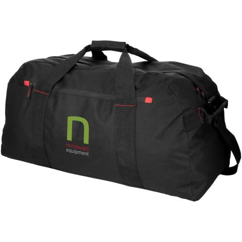 Extra large travel bag with zippered main compartment and front zipper pocket.