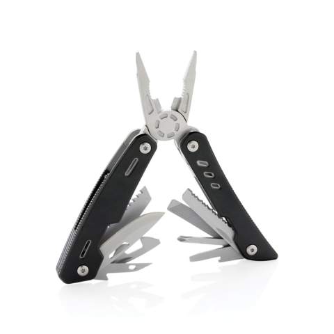 Multitool im Aluminium-Case mit 12 Funktionen aus Stainless Steel wie eine Feile, Zange, Messer, Schraubendreher, Säge, Dosenöffner und vielem mehr. In Geschenkbox verpackt.