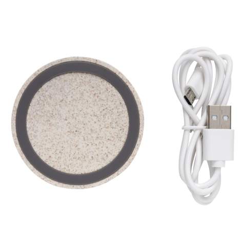 Wireless charger made from wheat fibre (15%) mixed with ABS to charge all wireless devices. With silicone ring that prevents your phone from sliding around. The LED indicator will light up when the device is charging. Compatible with all QI enabled devices like Android latest generation, iPhone 8 and up. Input: 5V/1.5A. Wireless Output: 5V/1A, 5W. Including 50 cm PVC free TPE micro USB cable.<br /><br />WirelessCharging: true