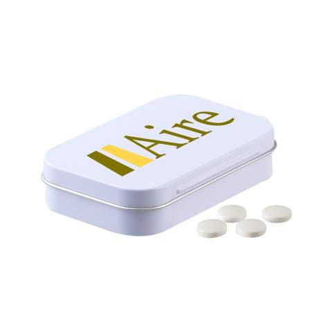 Large hinged tin white filled with approx. 45 gram sugar free mints, including ingredients sticker and seal