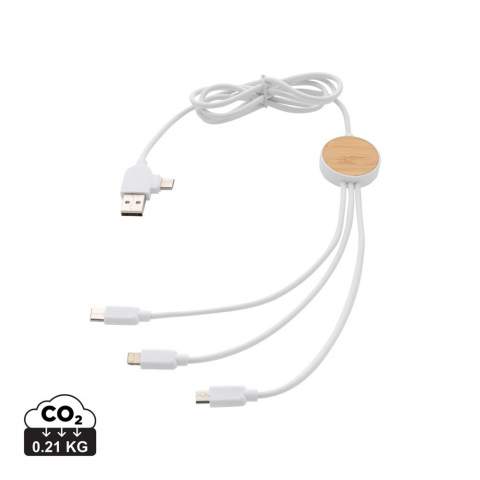 120 cm long multi cable made with certified recycled materials. Comes with 5 different connectors: USB C in, USB A in, type C out, IOS out and micro USB out. This also allows you to use the cable with type C output devices that are included in the newer generation of phones and macbook computers. The cable also has a USB A output input option so it can charge any device from any output source.  Casing made from FSC® bamboo and 100% RCS certified recycled ABS cables made from 100% RCS certified RCS TPE material. Total recycled content: 62% based on total item weight. Max cable length: 120 cm. Packed in FSC®mixed kraft sleeve packaging. PVC free.<br /><br />PVC free: true