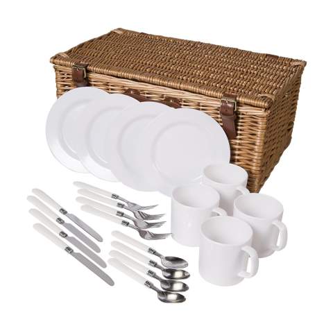 Willow picnic basket with picnic accessories for 4 people: 4 ceramic plates, 4 plastic mugs and stainless steel cutlery. Incl. 2 removable cooler bags. Each item is supplied in an individual brown cardboard box.