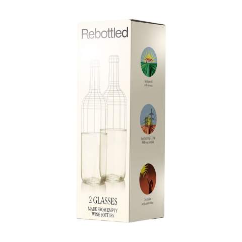 Set of Rebottled® design drinking glasses made from upcycled wine bottles. Unique glasses in which you immediately recognise the original wine bottle. The glasses fit comfortably in your hand and have a smooth finish. Of high quality and suitable for water, soft drinks or cocktails. Dishwasher-safe up to 60C°. Washing by hand is recommended to preserve the imprint. Per set delivered in an original gift box made from recycled FSC®-certified cardboard. Dutch design. Made in Holland. Capacity approx. 330 ml per glass. Imprint only possible in black or white. Rebottled® upcycles empty wine bottles into 100% circular design items.