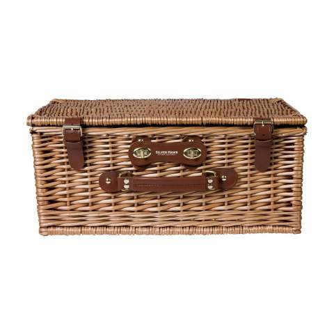 Willow picnic basket with picnic accessories for 4 people: 4 ceramic plates, 4 plastic mugs and stainless steel cutlery. Incl. 2 removable cooler bags. Each item is supplied in an individual brown cardboard box.