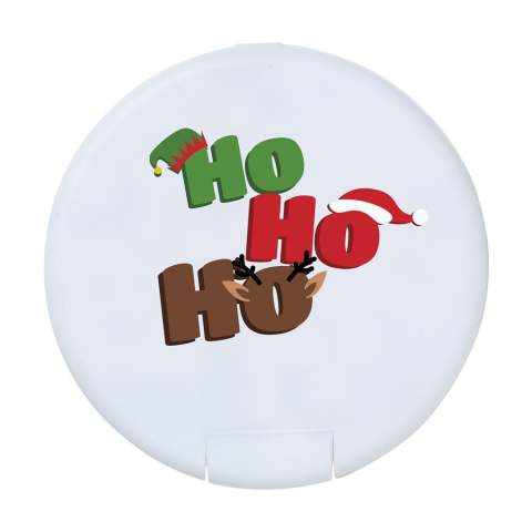 Round plastic dispenser filled with approx. 12 g (55 pieces) of sugar free mints. - This product is printed with a standard Christmas design. Choice of 6 different designs as shown in the images. It is not possible to customize a design.