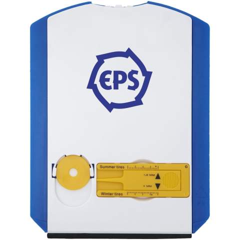 Parkeerschijf met ijskrabber, rubberwisser, winkelwagenmuntje en bandenprofielmeter. De schijf heeft aan de achterkant een grote, witte ruimte voor een logo. Begin parkeertijd-tekst op schijfhoes in het Nederlands, Engels, Frans, Duits en Italiaans. Regelgeving kan per land verschillen. In België is dit item niet rechtsgeldig.