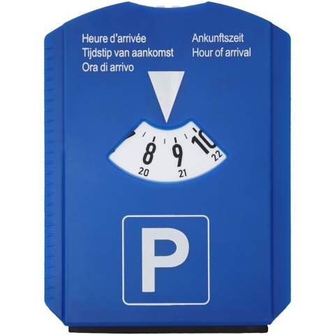 Parkeerschijf met ijskrabber, rubberwisser, winkelwagenmuntje en bandenprofielmeter. De schijf heeft aan de achterkant een grote, witte ruimte voor een logo. Begin parkeertijd-tekst op schijfhoes in het Nederlands, Engels, Frans, Duits en Italiaans. Regelgeving kan per land verschillen. In België is dit item niet rechtsgeldig.