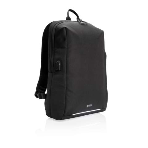 This stylish carry-on laptop backpack is intended for business and leisure trips. It’s designed with a padded 15.6" laptop compartment to protect your device. Including trolley strap and USB A output. Side quick access pocket with RFID protection. Front with reflective safety strip. PVC free. With AWARE™ tracer that validates the genuine use of recycled materials. Each bag has reused 22 PET bottles. 2% of proceeds of each Aware™ product sold will be donated to Water.org.<br /><br />FitsLaptopTabletSizeInches: 15.6<br />PVC free: true