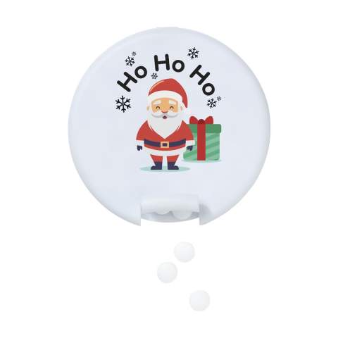 Round plastic dispenser filled with approx. 12 g (55 pieces) of sugar free mints. - This product is printed with a standard Christmas design. Choice of 6 different designs as shown in the images. It is not possible to customize a design.