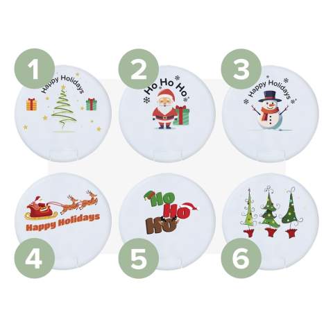 Round plastic dispenser filled with approx. 12 g (55 pieces) of sugar free mints. - This product is printed with a standard Christmas design. Choice of 6 different designs as shown in the images. It is not possible to customize a design.