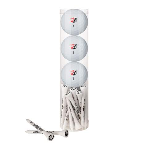 Transparante koker met 20 bamboe houten Wilson-tees 70 mm met bedrukking op de cup en 3 Wilson DNA Titanium golfballen inclusief bedrukking op 1 zijde