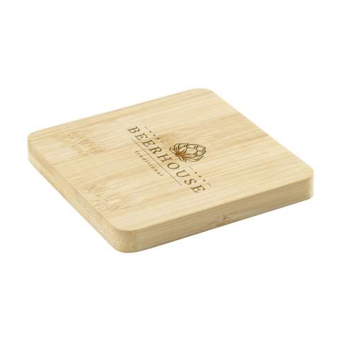 Square bamboo coaster with metal bottle opener in the bottom. Practical and multifunctional. Bamboo is a natural material. As a result, the colour may vary per product.