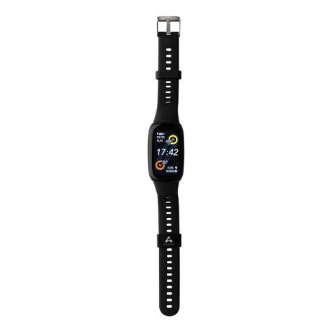 Dieser (IP67) wasserdichte Tracker hat ein bequemes Armband aus recyceltem TPU , um ihn Tag und Nacht zu tragen. Mit benutzerfreundlichem, großem 1,47"-Full-Touch-OLED-Farb-Screen. Hergestellt aus RCS (Recycled Claim Standard)-zertifiziert recyceltem TPU -Armband und ABS-Rahmen. Gesamter Recyclinganteil: 28% basierend auf dem Gesamtgewicht des Artikels. Die RCS-Zertifizierung gewährleistet eine vollständig zertifizierte Lieferkette der recycelten Materialien. Inklusive kostenloser APP. BT5.0. Funktionen: Wecker, Uhr, Schrittzahl, Distanz, Kalorien, Herzfrequenz- und Blutdrucküberwachung, Blutsauerstoffüberwachung, Multisportmodus (11), Gehen, Jogging, Reiten, Sit-up-Modus usw., Musiksteuerung, Message-Benachrichtigungen, Schlafmodus, Eingehender Anruf, Stoppuhr. Starten Sie noch heute Ihren gesünderen Lebensstil.  Standby-Zeit von bis 20 Tagen und Working-Time bis zu 10 Tagen. Verpackt in FSC®-Mix-Kraftverpackung. Artikel und Zubehör 100% PVC-frei.<br /><br />HasBluetooth: True<br />PVC free: true