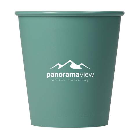 Reusable drinking cup made from bio-based material from renewable sources. This stackable cup is a good alternative to the disposable coffee cup. Fits under almost any coffee machine. 100% recyclable and BPA-free. This product is dishwasher-safe. Washing by hand is recommended to preserve the imprint. Capacity 200 ml. Made in Germany.