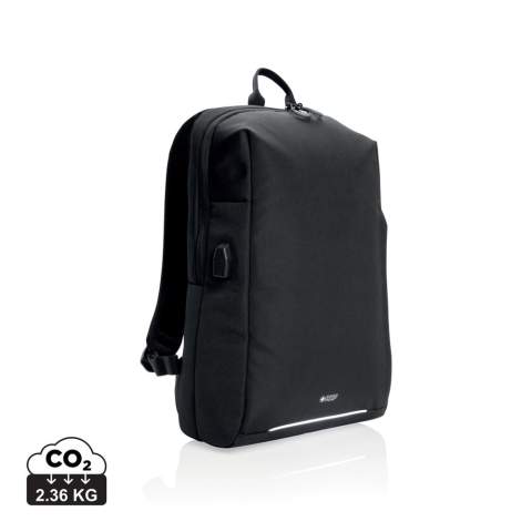 This stylish carry-on laptop backpack is intended for business and leisure trips. It’s designed with a padded 15.6" laptop compartment to protect your device. Including trolley strap and USB A output. Side quick access pocket with RFID protection. Front with reflective safety strip. PVC free. With AWARE™ tracer that validates the genuine use of recycled materials. Each bag has reused 22 PET bottles. 2% of proceeds of each Aware™ product sold will be donated to Water.org.<br /><br />FitsLaptopTabletSizeInches: 15.6<br />PVC free: true