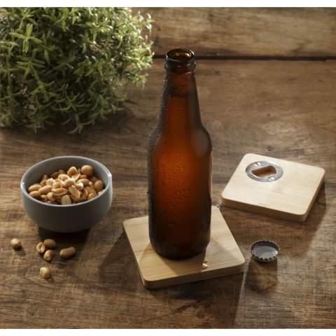 Square bamboo coaster with metal bottle opener in the bottom. Practical and multifunctional. Bamboo is a natural material. As a result, the colour may vary per product.