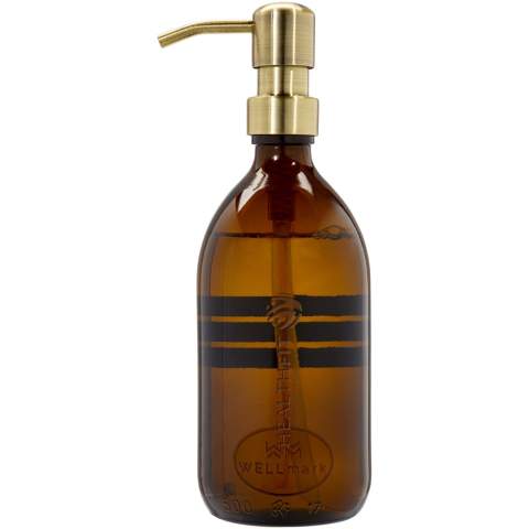 Stylish glass soap dispenser (500 ml) for the bathroom, kitchen or toilet. This luxury soap pump is filled and supplied with vegan hand soap with a pleasant scent of bamboo that cleans and cares for your hands. The pump of this luxury soap dispenser is made of stainless steel with a stylish brass finish. When finished the dispenser can easily be refilled. Made in the Netherlands.