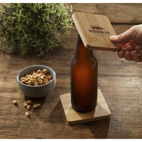 Square bamboo coaster with metal bottle opener in the bottom. Practical and multifunctional. Bamboo is a natural material. As a result, the colour may vary per product.