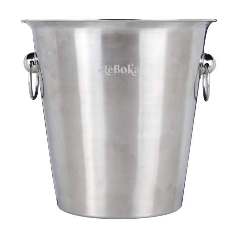 Lightweight, stainless-steel champagne cooler/ice bucket with ring handles. Fill with ice or water to keep drinks cool. This cooler provides a personal touch when presenting a bottle of champagne or wine. A practical ice bucket to use at many different occasions. Capacity 4.5 litres.