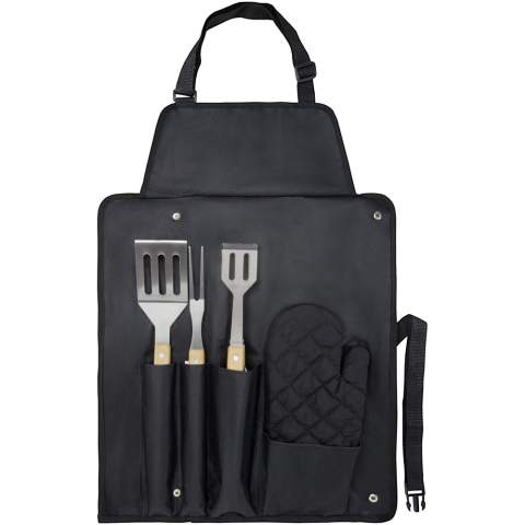 5-teiliges BBQ-Set mit Wender (36,5 x 7 cm), Gabel (36,5 x 2 cm), Zange (36,5 x 5 cm), Handschuh (25 x 16 cm) und einer Schürze mit Tasche (42 x 60 cm). Die Handgriffe sind aus Bambus, der nach nachhaltigen Standards bezogen und produziert wird.
