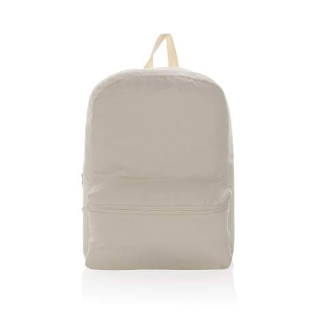 This 285 gsm recycled canvas backpack is a classic for everyday use. This bag features a spacious front and back pocket to hold your other daily essentials. The recycled canvas is undyed and used in its raw form, without chemicals from dyeing or bleaching. With AWARE™ tracer that validates the genuine use of recycled materials. 2% of proceeds of each Impact product sold will be donated to Water.org. Composition 70% recycled cotton and 30% recycled polyester.<br /><br />PVC free: true