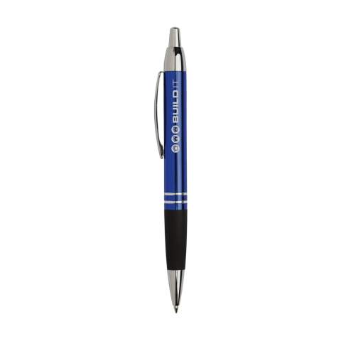 Blue ink metal ballpoint pen with glossy metallic look barrel, rubber grip, sturdy metal clip, push button and silver glossy accents.