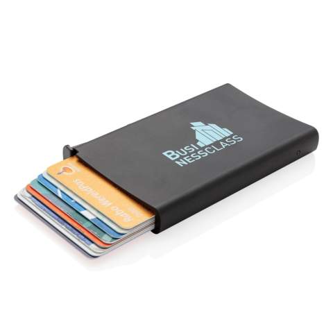 This solid aluminium cardholder is the ideal way to carry and protect your personal cards: credit cards, driver's license, debit cards and other cards. Fits up to 6 embossed cards or 10 cards. The easy side slider will push the cards up gradually.