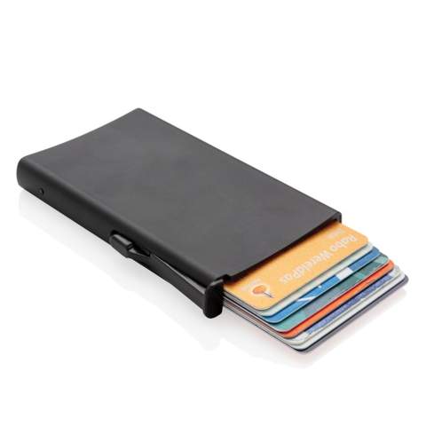 This solid aluminium cardholder is the ideal way to carry and protect your personal cards: credit cards, driver's license, debit cards and other cards. Fits up to 6 embossed cards or 10 cards. The easy side slider will push the cards up gradually.