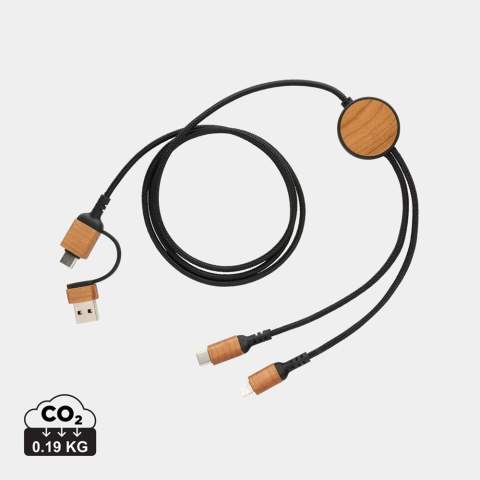 Câble de 120 cm de long en matériaux recyclés certifiés. Livré avec 4 connecteurs différents : entrée USB C, entrée USB A, sortie type C, sortie IOS et sortie micro USB. Cela vous permet également d'utiliser le câble avec des périphériques de sortie de type C qui sont inclus dans la nouvelle génération de téléphones et d'ordinateurs macbook. Le câble dispose également d'une option d'entrée de sortie USB A afin qu'il puisse charger n'importe quel appareil à partir de n'importe quelle source de sortie. Boîtier et connecteurs en bois de cerisier FSC® et câbles en polyester recyclé certifié RCS (matériau extérieur) et TPE recyclé certifié RCS (matériau intérieur). Contenu recyclé total : 46 % basé sur le poids total de l'article. Emballé dans un fourreau kraft FSC®mix. Sans PVC. Convient pour la charge et la synchronisation. Courant maximum pris en charge 5V/2A.<br /><br />PVC free: true