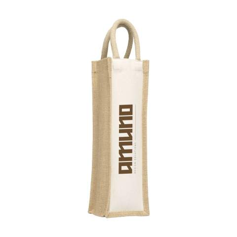 WoW! Sturdy wine carrier with handles made from jute and organic canvas material. This wine gift bag can comfortably hold one bottle of wine (not included).