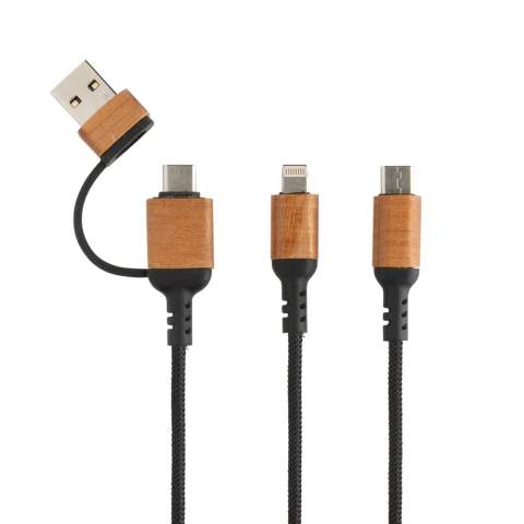 Câble de 120 cm de long en matériaux recyclés certifiés. Livré avec 4 connecteurs différents : entrée USB C, entrée USB A, sortie type C, sortie IOS et sortie micro USB. Cela vous permet également d'utiliser le câble avec des périphériques de sortie de type C qui sont inclus dans la nouvelle génération de téléphones et d'ordinateurs macbook. Le câble dispose également d'une option d'entrée de sortie USB A afin qu'il puisse charger n'importe quel appareil à partir de n'importe quelle source de sortie. Boîtier et connecteurs en bois de cerisier FSC® et câbles en polyester recyclé certifié RCS (matériau extérieur) et TPE recyclé certifié RCS (matériau intérieur). Contenu recyclé total : 46 % basé sur le poids total de l'article. Emballé dans un fourreau kraft FSC®mix. Sans PVC. Convient pour la charge et la synchronisation. Courant maximum pris en charge 5V/2A.<br /><br />PVC free: true