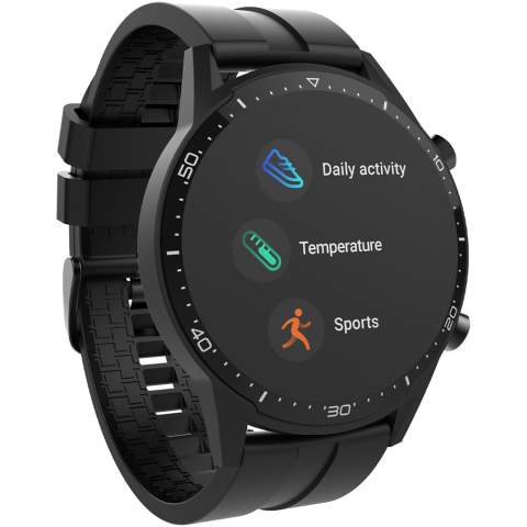 Smartwatch mit Körpertemperatur-Thermometer, 1,3-Zoll-Touchscreen und integrierter Kamera. Zeichnet die tägliche körperliche Aktivität auf und verfügt über einen Multisport-Modus. Akku 3,7 V/240 mAh. RAM 128 KB/ROM 64 MB.