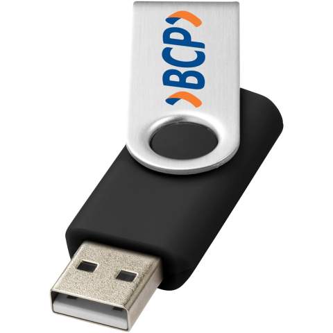 Met de Rotate-basic 2GB flash drive kan je gemakkelijk en veilig uw bestanden delen, verplaatsen en back-uppen. De plastic flashdrive heeft een 360 graden draaibare en lichtgewicht aluminium behuizing die het openen en sluiten vergemakkelijkt en de drive beschermt wanneer deze niet in gebruik is. Plug en play technologie - compatibel met Windows en MacOS besturingssystemen. USB 2.0 met een schrijfsnelheid van 2,92 MB/s en een leessnelheid van 9,76 MB/s. De USB stick is verkrijgbaar in verschillende kleuren en biedt diverse mogelijkheden voor het bedrukken van een logo.   