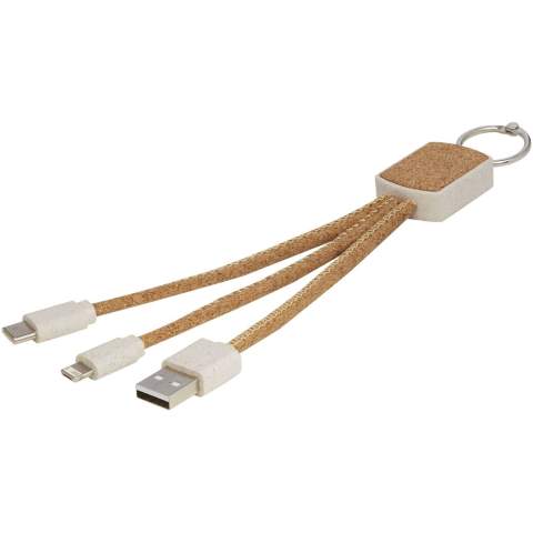 Duurzame 3-in-1 sleutelhanger met oplaadkabel van kurk en tarwestro (70% tarwestro + 30% TPE). De kabel van Bates heeft 1 type-C, 1 USB type-A en een 2-in-1 dubbele compatibele tip voor zowel Apple iOS- als Android-apparaten. Om Apple apparaten op te laden steekt u het kabeluiteinde zonder pinnen in het apparaat, en voor het opladen van Android apparaten steekt u het uiteinde met pinnen in het apparaat.