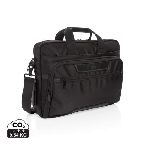 Maak het dagelijkse reizen een beetje eenvoudiger en een stuk stijlvoller met deze laptop tas. De tas is gemaakt van duurzaam 1680D polyester met rijke PU-details en heeft meerdere opbergvakken. Naast het ruime hoofdvak heeft deze tas een gewatteerde 15,6-inch laptopcompartiment en een extra ritsvak om je dagelijkse benodigdheden in op te bergen. Andere kenmerken van deze tas zijn een USB-uitgang, RFID-zakken, penlussen en een afneembaar bagagelabel. Buitenkant: 100% 1680D polyester. Voering: regulier 210D polyester<br /><br />FitsLaptopTabletSizeInches: 15.6