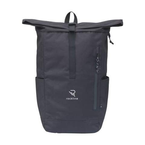 WoW! Practical, sturdy and water-resistant urban 'roll-top' cooler backpack made from RPET polyester. This backpack has a large inner compartment with a special cooling section. The cooling section is easily accessible via the top of the bag or via a practical and waterproof zip at the rear. The ideal bag for outdoor activities, picnics and food delivery. Includes a zip pocket on the front, two side pockets, padded foam back, adjustable shoulder straps, a carrying strap and a roll closure with a handy click system at the top. Capacity approx. 30 litres.