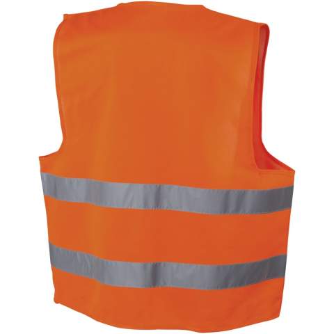 High visibility warning vest Class 2, suitable for persons between 165-180 cm. Large decoration area on the front and on the back of the vest. Visibility clothing for professional use. Fluorescent background and reflective tape. Specification EN ISO 20471:2013+A1:2016. These garments bear CE marking to demonstrate compliance with EU Regulation 2016/425/EU Personal Protective Equipment Category II.