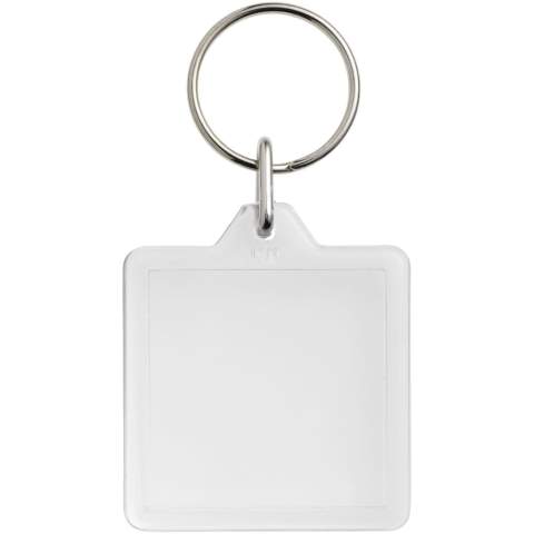 Porte-clés transparent U1 carré avec anneau fendu en métal. L’anneau en forme de boucle métallique présente un profil plat idéal pour les envois. Dimensions de l’insert pour impression : 3,2 cm x 3,2 cm.