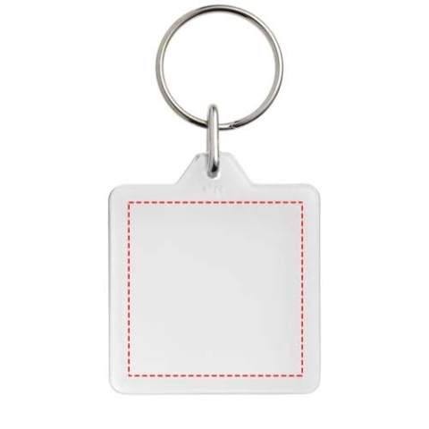 Porte-clés transparent U1 carré avec anneau fendu en métal. L’anneau en forme de boucle métallique présente un profil plat idéal pour les envois. Dimensions de l’insert pour impression : 3,2 cm x 3,2 cm.