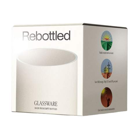 A design drinking glass made from an upcycled wine bottle. A unique glass by the Rebottled® brand, in which you immediately recognise the original wine bottle. The glass fits comfortably in your hand and has a smooth finish. Of high quality and suitable for water, soft drinks or wine. Dishwasher-safe up to 60C°. Washing by hand is recommended to preserve the imprint. Per piece delivered in an original gift box made from recycled FSC®-certified cardboard. Dutch design. Made in Holland. Imprint only possible in black or white. Rebottled® upcycles empty wine bottles into 100% circular design items.