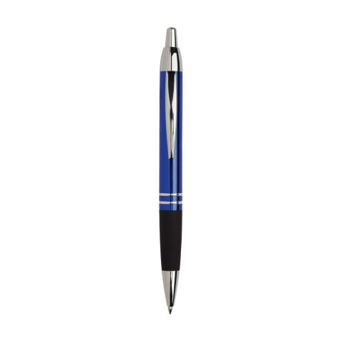 Blue ink metal ballpoint pen with glossy metallic look barrel, rubber grip, sturdy metal clip, push button and silver glossy accents.