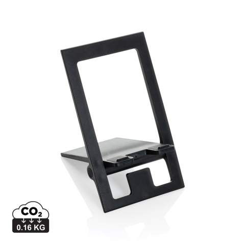 Flat and foldable phone stand made from RCS recycled ABS.  The stand comes flat and folded and can be unfolded into a phone stand that can carry all size phones. The stand is strong enough to adjust the viewing angle. With silicon cushioning to keep your phone in optimal condition. Total recycled content: 85% based on total item weight. RCS certification ensures a completely certified supply chain of the recycled materials. Packed in FSC® packaging. PVC Free.