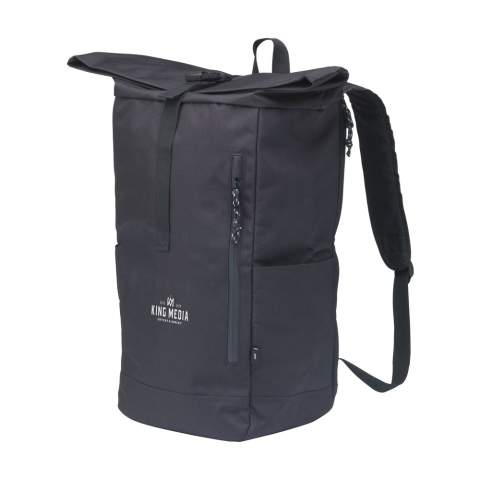 WoW! Practical, sturdy and water-resistant urban 'roll-top' cooler backpack made from RPET polyester. This backpack has a large inner compartment with a special cooling section. The cooling section is easily accessible via the top of the bag or via a practical and waterproof zip at the rear. The ideal bag for outdoor activities, picnics and food delivery. Includes a zip pocket on the front, two side pockets, padded foam back, adjustable shoulder straps, a carrying strap and a roll closure with a handy click system at the top. Capacity approx. 30 litres.